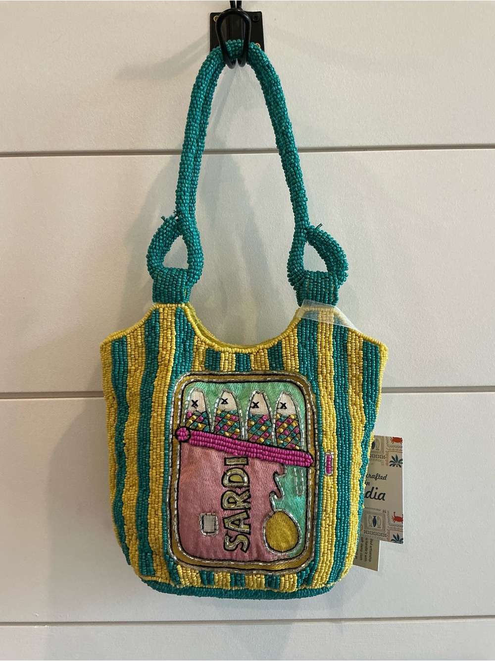 Hand-Beaded Teal and Yellow Tote Bag with Sardines